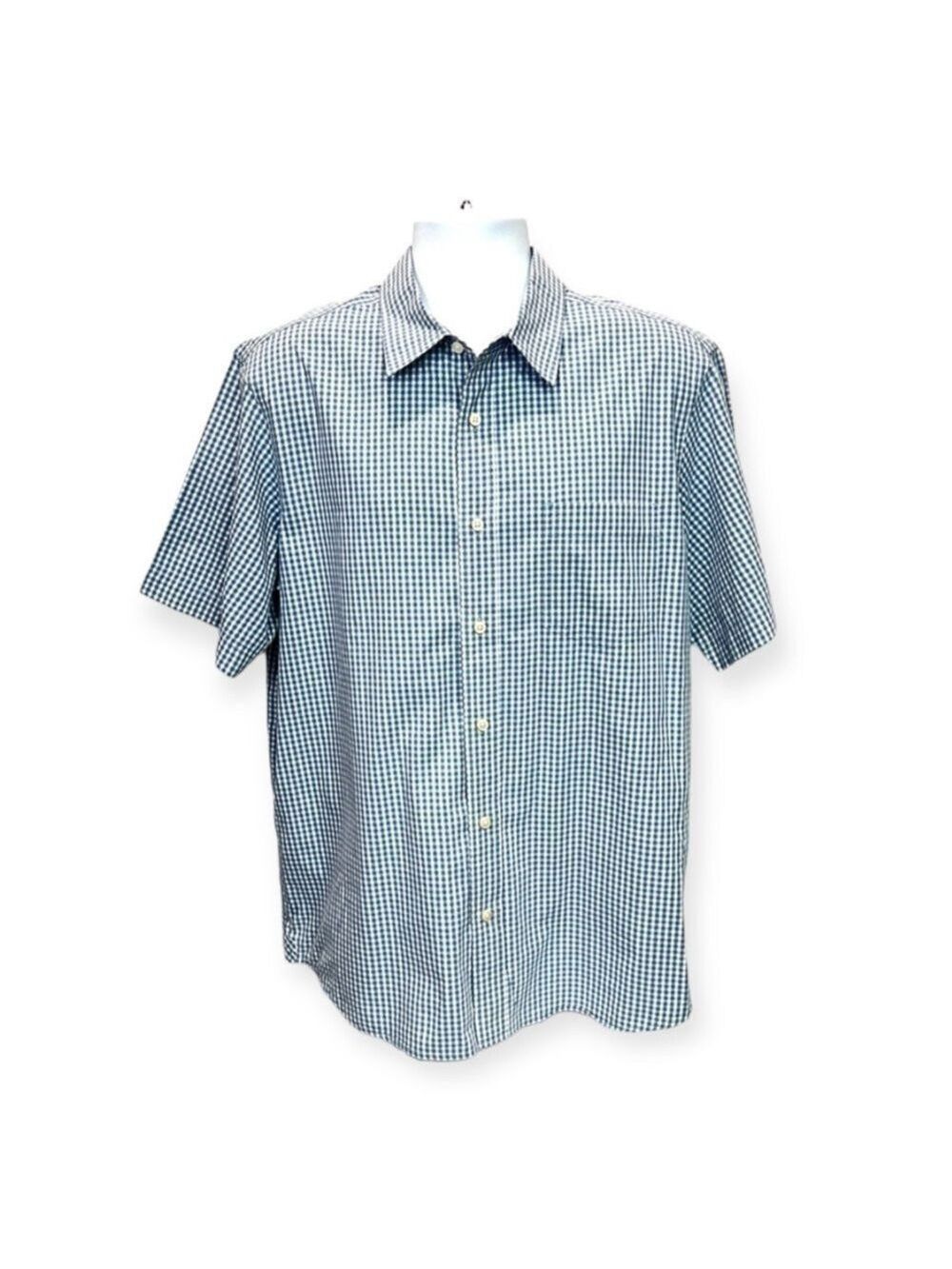 Eddie Bauer Men’s Short Sleeve Plaid Button Down Blue and White Shirt Sz L